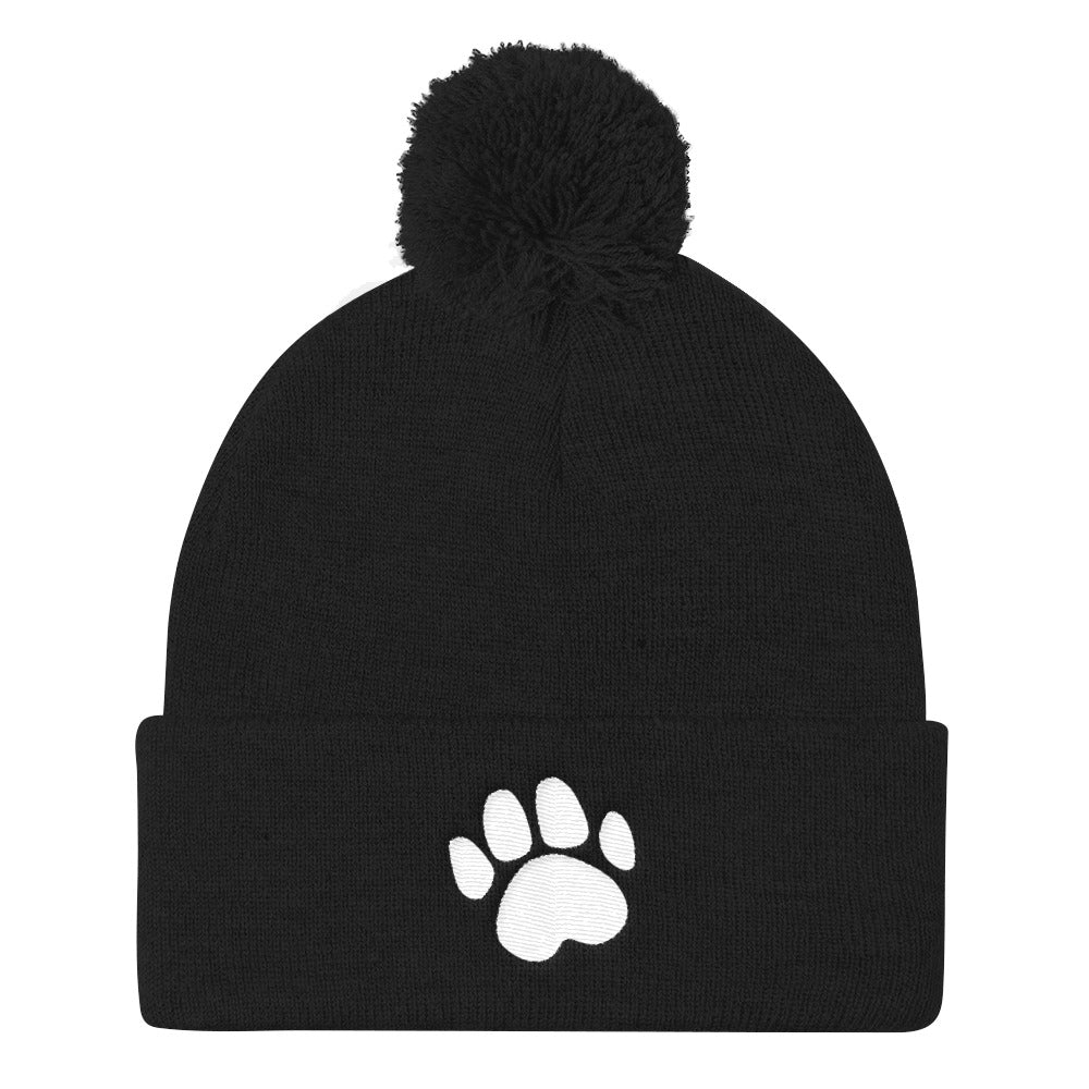 Black Pom Pom Knit Cap with Dog Footprint Design