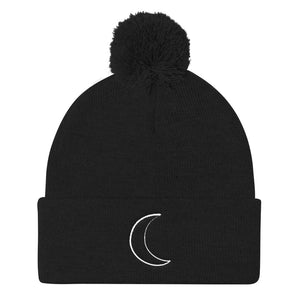 Black Pom Pom Knit Cap with Moon Design