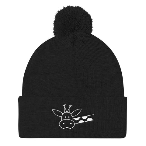 Black Pom Pom Knit Cap with Giraffe Design