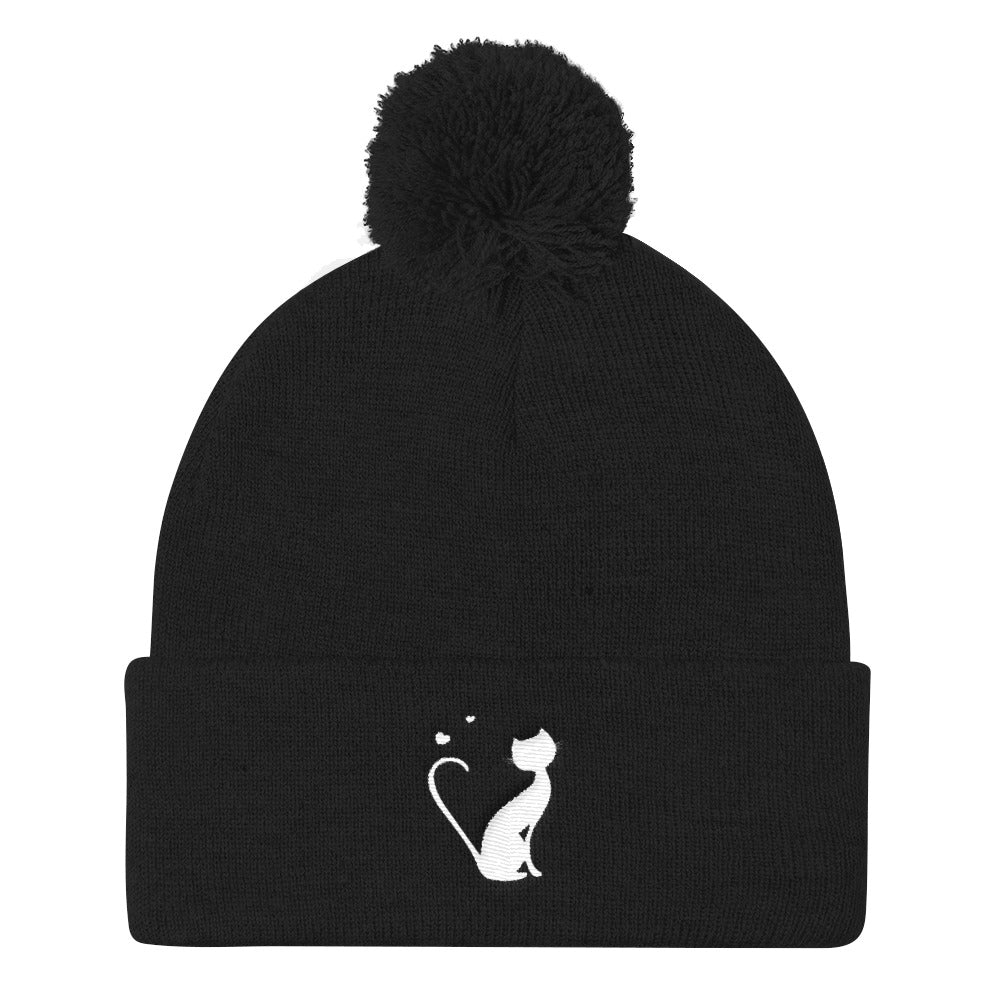 Black Pom Pom Knit Cap with Kitty Design﻿