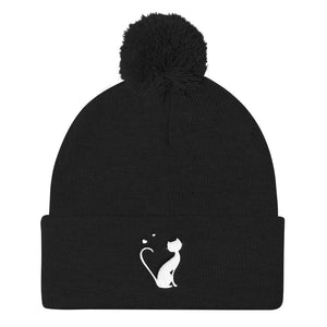 Black Pom Pom Knit Cap with Kitty Design﻿