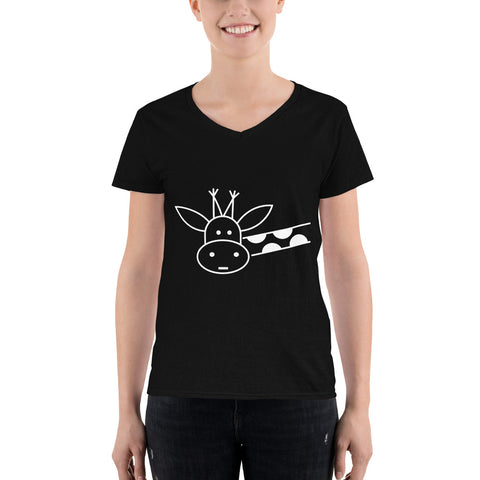 Black Women's Casual V-Neck Shirt with Giraffe Design