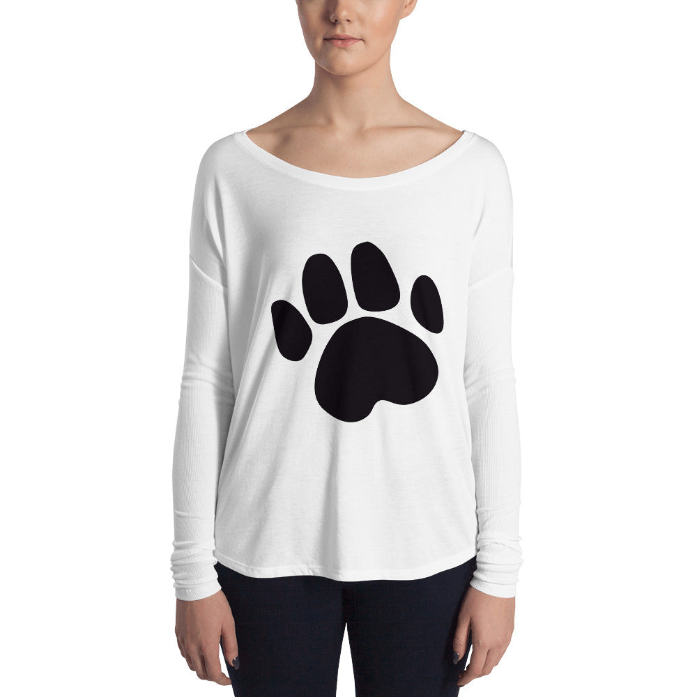 White Ladies' Long Sleeve Tee with Dog Footprint Design