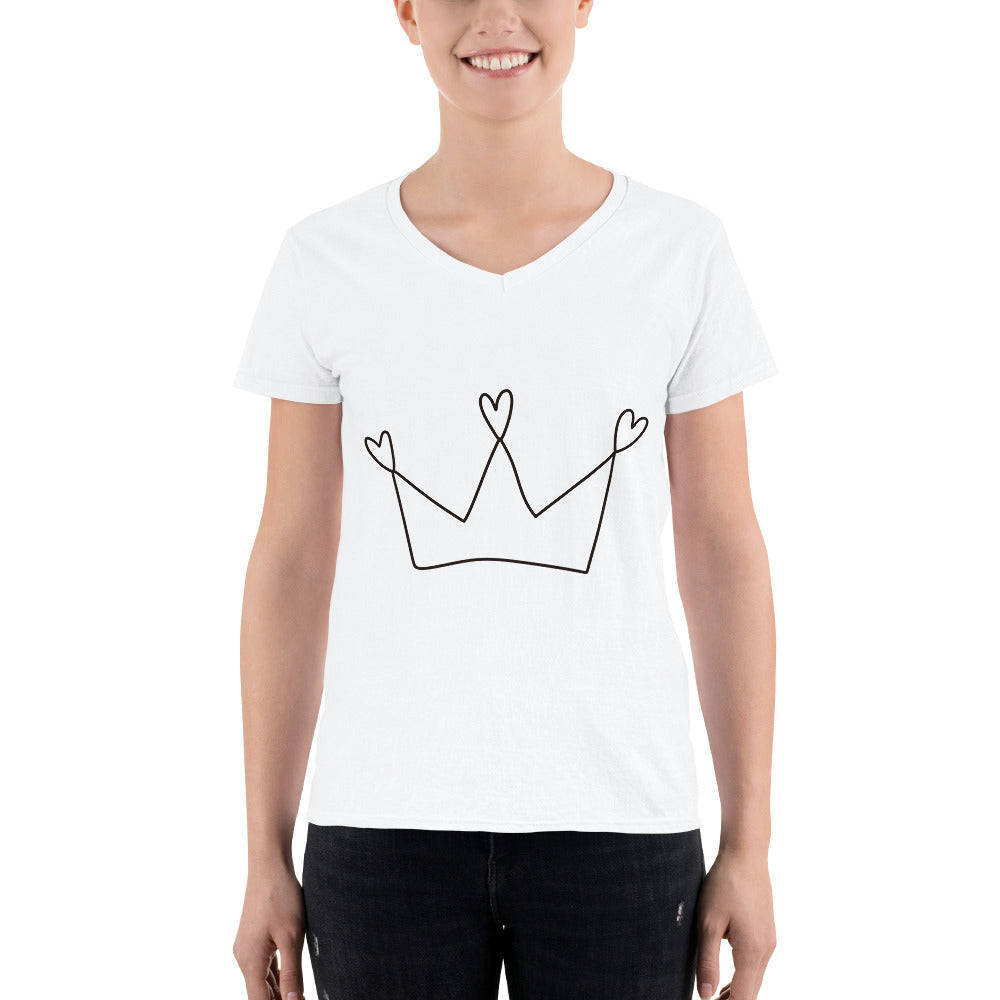 White Women's Casual V-Neck Shirt with Crown Design