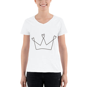 White Women's Casual V-Neck Shirt with Crown Design