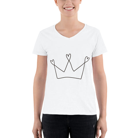 White Women's Casual V-Neck Shirt with Crown Design