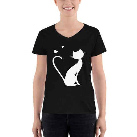 Black Women's Casual V-Neck Shirt whit Kitty Design