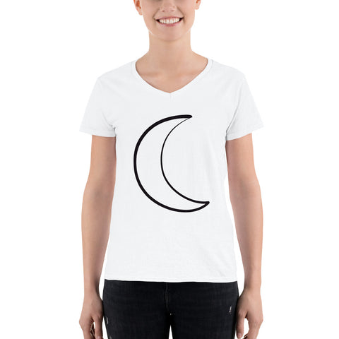 White Women's Casual V-Neck Shirt with Moon Design