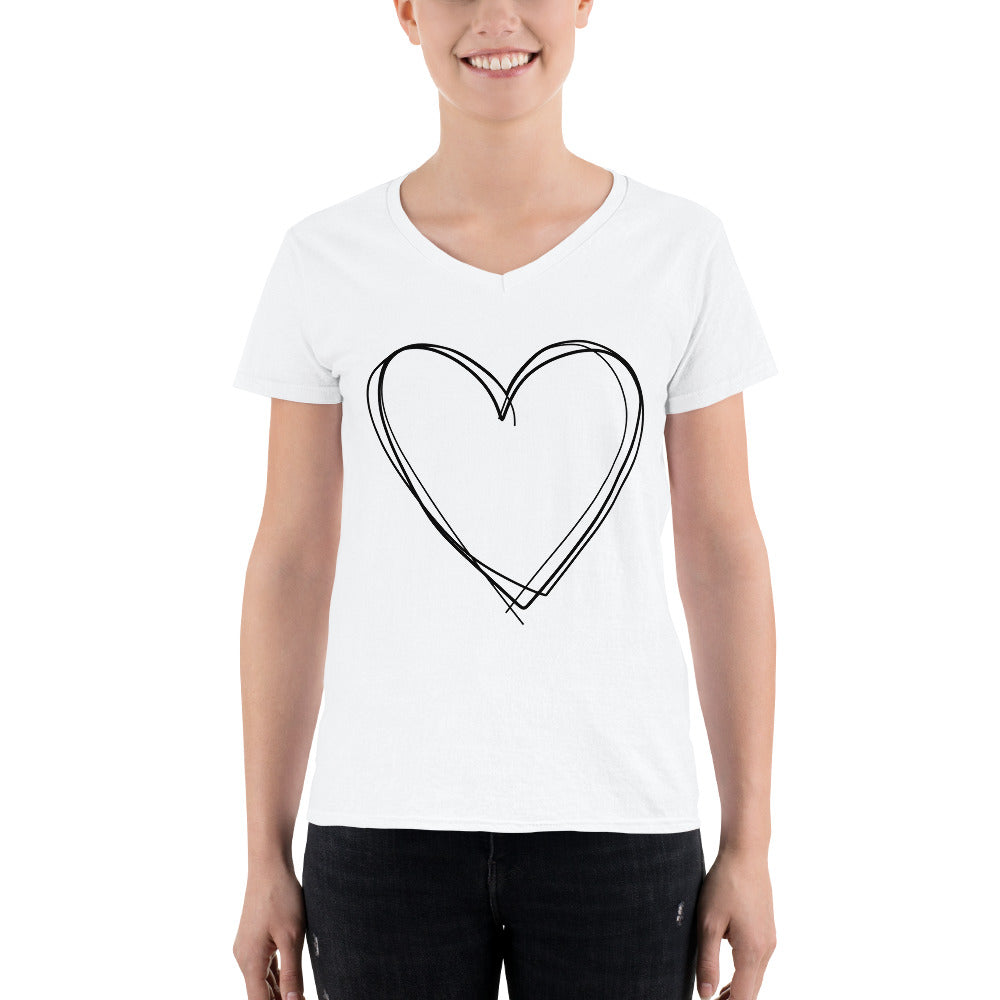 White Women's Casual V-Neck Shirt with Heart Design