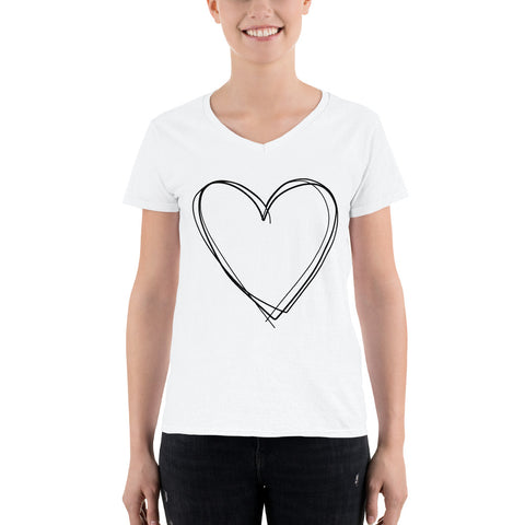 White Women's Casual V-Neck Shirt with Heart Design