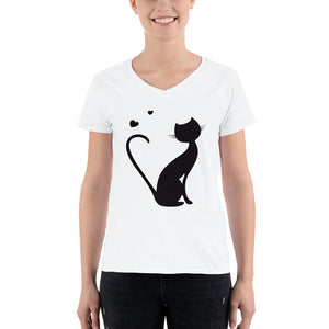 White Women's Casual V-Neck Shirt with Kitty Design