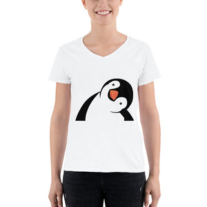 White Women's Casual V-Neck Shirt with Penguin Design