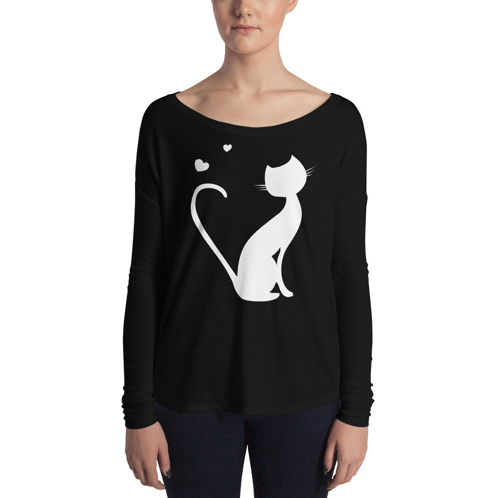 Black Ladies' Long Sleeve Tee with Kitty Design 