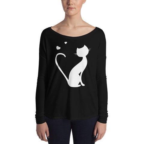 Black Ladies' Long Sleeve Tee with Kitty Design 