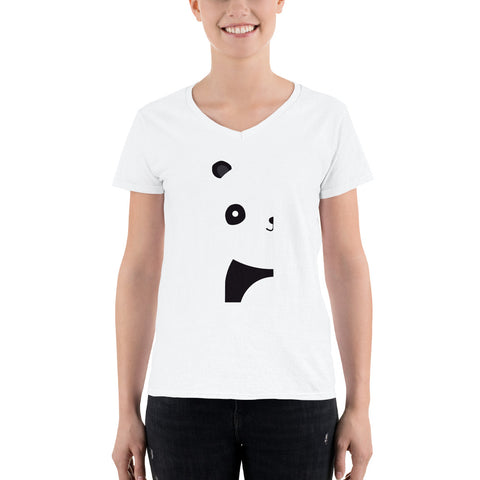 White Women's Casual V-Neck Shirt with Panda Bear Design