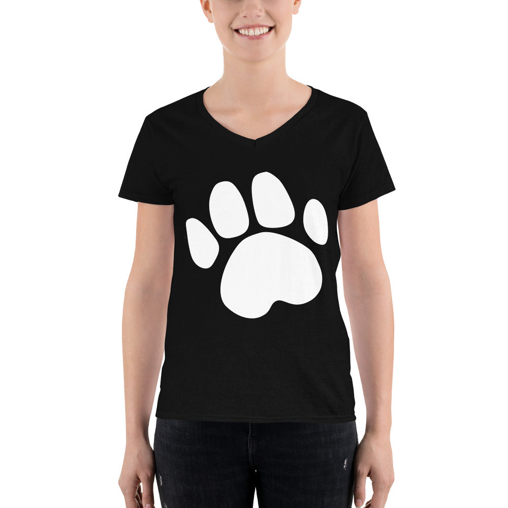 Black Women's Casual V-Neck Shirt with Dog Footprint Design