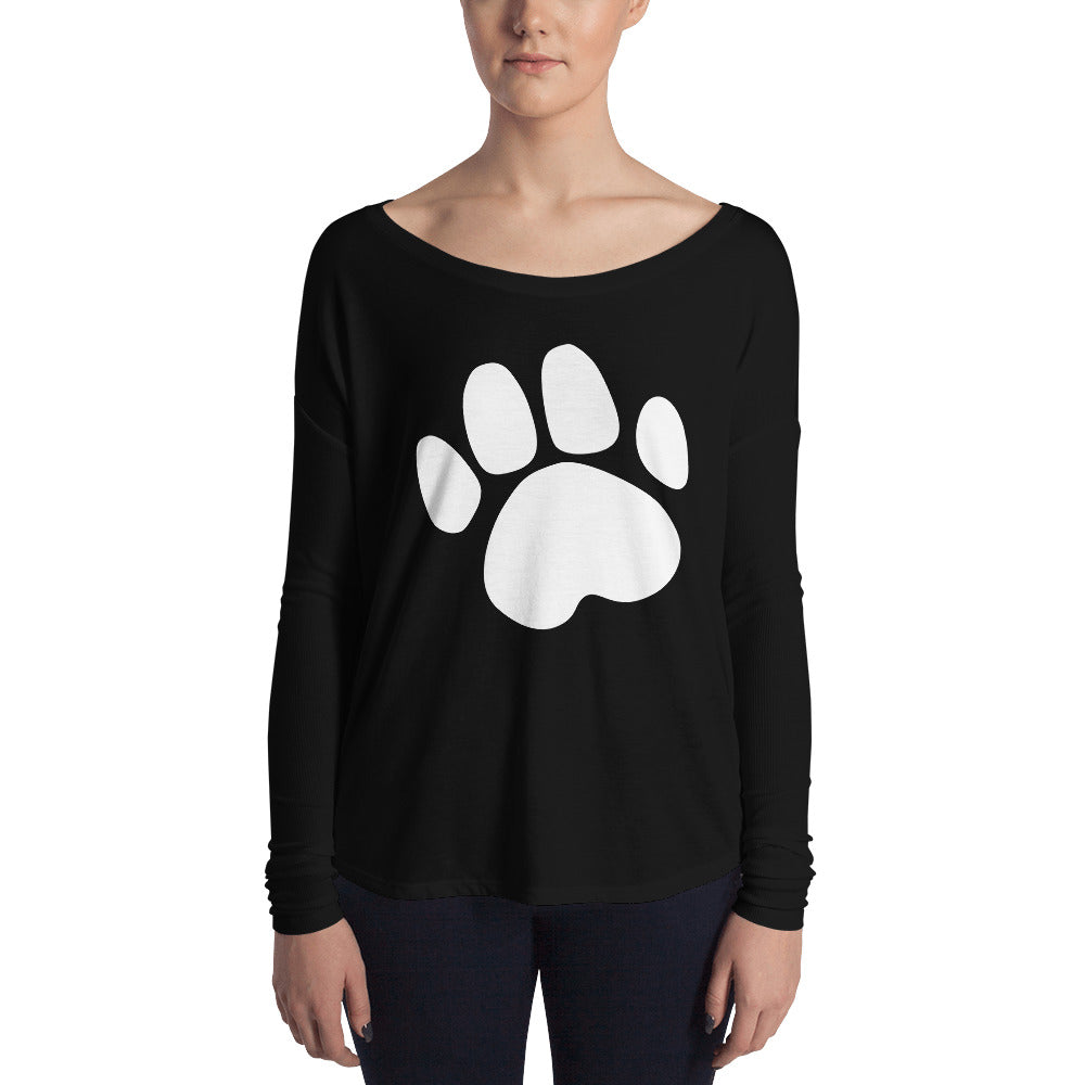 Black Ladies' Long Sleeve Tee with Dog Footprint Design