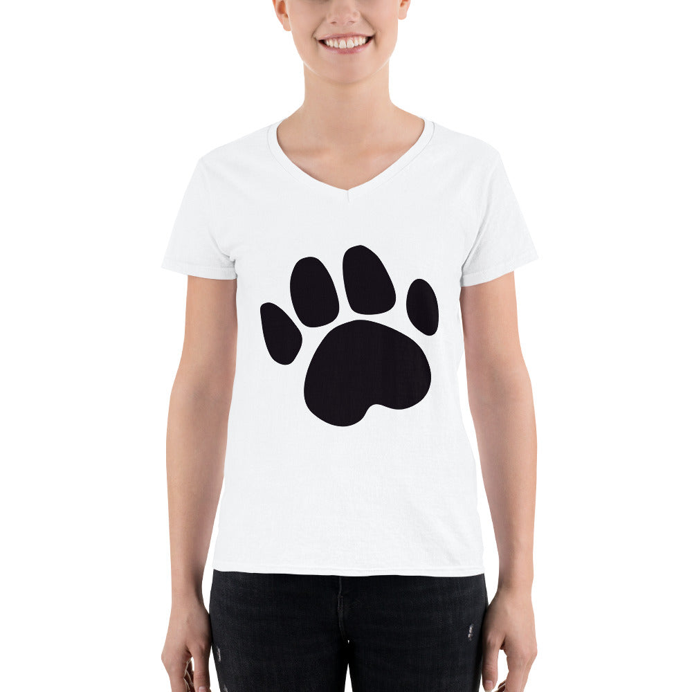 White Women's Casual V-Neck Shirt with Dog Fooprint Design 