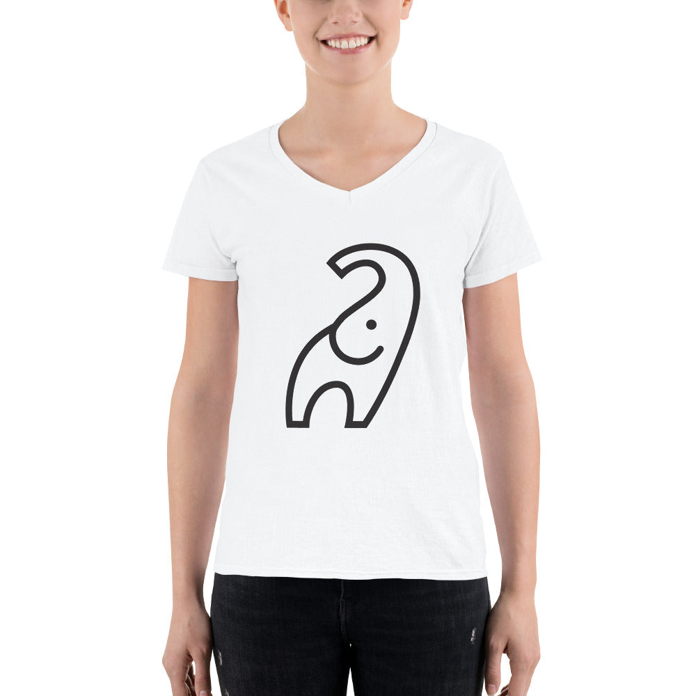 Women's White Casual V-Neck Shirt with Elephant Design