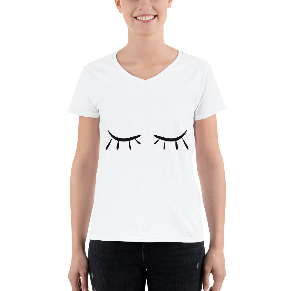 White Women's Casual V-Neck Shirt with Eyelashes Design