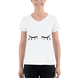 White Women's Casual V-Neck Shirt with Eyelashes Design